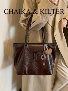 1 buah Tas Tote Bahu Minimalis Persegi dari Kain PU, Cocok untuk Bepergian, Berbelanja, dll. (Dengan Liontin) - Kopi - View 7