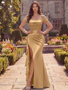 MIUSOL Sequin Floral Lace Off-Shoulder Ruffle Trim Slit Thigh Satin Evening Gown, Elegant Women's Formal Dress Party Summer - Gold - View 7