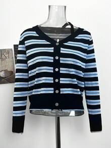 Sweet Cool Spicy Girl Style Asymmetrical Cold Shoulder Spaghetti Strap Patchwork Striped Long Sleeve Cardigan Women Autumn/Winter V-Neck Single-Breasted Contrast Color Knit Top Jacket - Black and Blue Striped Patchwork - View 6