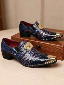 QRLQRL 1 Pair Men's Crocodile Pattern Metal Buckle Pointed Toe PU Upper Rubber Sole Non-Slip Casual Chelsea Boots Suitable For Casual Occasions - Blue - View 2