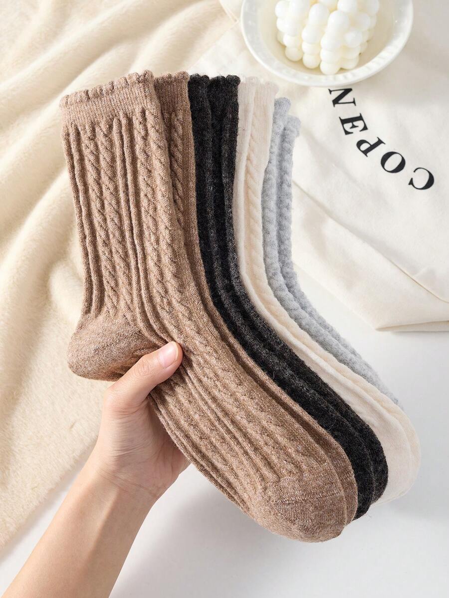 3 Pairs Elegant Fashionable Cable Knit & Lace Color Women's Fuzzy Mid-Calf Socks, Non-Slip Comfortable Soft, Suitable For Autumn/Winter - Multicolor - View 1