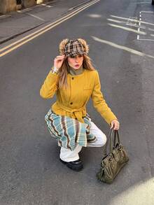 Women's Vintage Yellow Tweed Tie-Front Contrast Color Stand Collar Long Sleeve Polyester Fiber Autumn/Winter Coat - Mustard Yellow - View 6