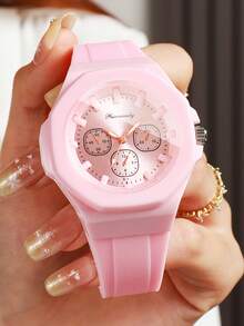 Women's Fashion Octagonal Quartz Watch, Silicone Strap Three-Dial Quartz Wristwatch, Gift For Girlfriend (1pc/Set) Watch Box Not Included - Pink - View 5