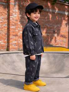 2pcs/Set Young Boys Denim Jacket And Pants Set, Suitable For Casual Wear, School, Outdoor Activities - Grey - View 3