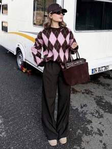 Women's Diamond Check Contrast Color Drop Shoulder Long Sleeve Loose Sweater - Medium Powder - View 6