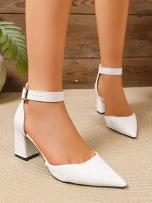 MILLION White Pointed Toe Ankle Strap Chunky Heel Elegant Dress High Heels, Suitable For Wedding, Banquet, Party And Formal Occasions - White - View 6