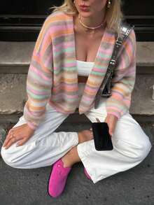 女款多色對比條紋針織開襟外套，無鈕扣設計，寬鬆長袖短版毛衣夾克，適合秋季休閒通勤與日常街頭穿搭 - 彩色 - 查看 3