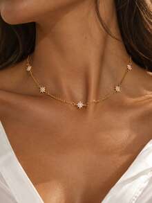 1pc Women's Delicate Octagonal Star Rhinestone Choker, Sparkling Crystal Star Spaced Chain Necklace, Minimalist Daily Jewelry Gift - XL4201 Gold - View 1