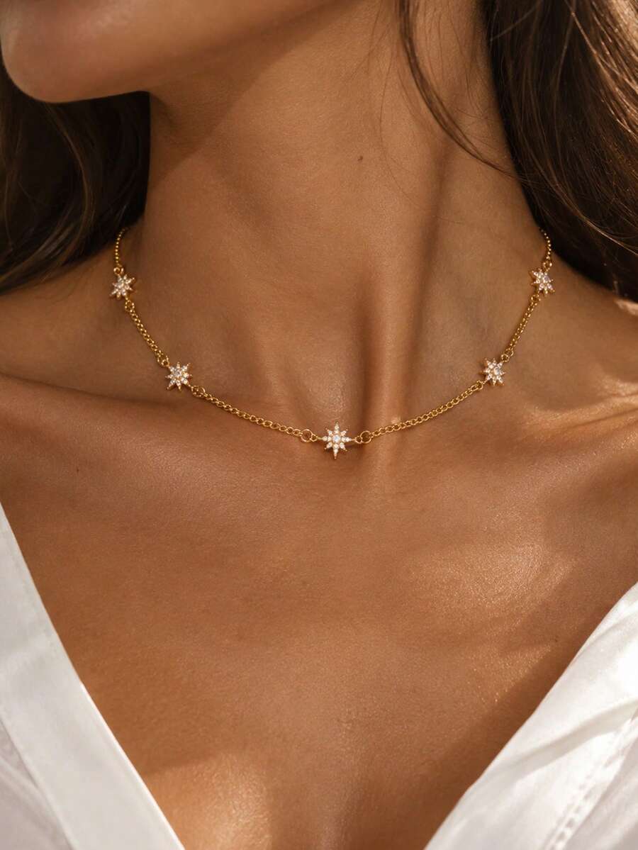 1pc Women's Delicate Octagonal Star Rhinestone Choker, Sparkling Crystal Star Spaced Chain Necklace, Minimalist Daily Jewelry Gift - XL4201 Gold - View 1