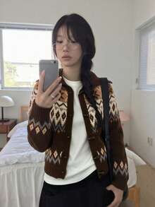 Cardigan Sweater Kancing Depan Motif Fair Isle, Leher V, Lengan Panjang, Rajutan Cokelat, Potongan Pendek, Lapisan Musim Gugur/Dingin Vintage dengan Pesona Nordik - MultiWarna - View 5