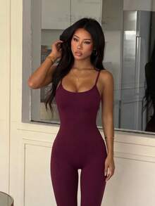 Spring/Summer New Women's Sexy Hot Girl Style Spaghetti Strap Fitted Fashion Solid Color Long Jumpsuit - Burgundy - View 4