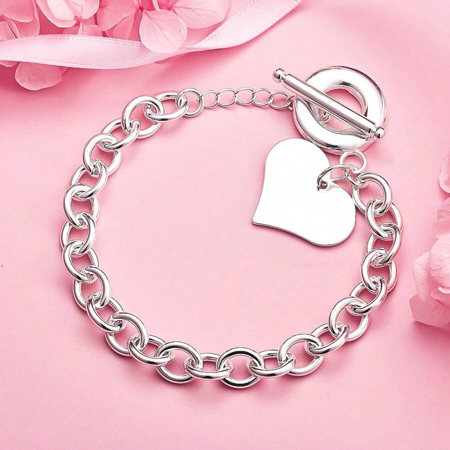 1pc 925 Silver-Plated 8-Inch Exquisite High-Polish Heart Bracelet – Stylish Women's Wedding Jewelry & Party Gift - Silver - View 1