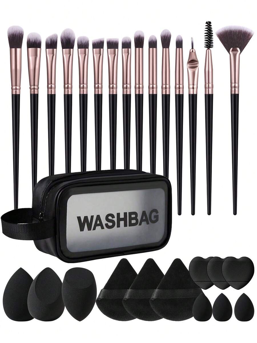 28Pcs/16pcs/13Pcs Black Makeup Brushes Beauty Sponges Triangle Puff Makeup Storage Bag Professional Makeup Tool Set For Foundation Blush Eyeshadow - Black - View 1