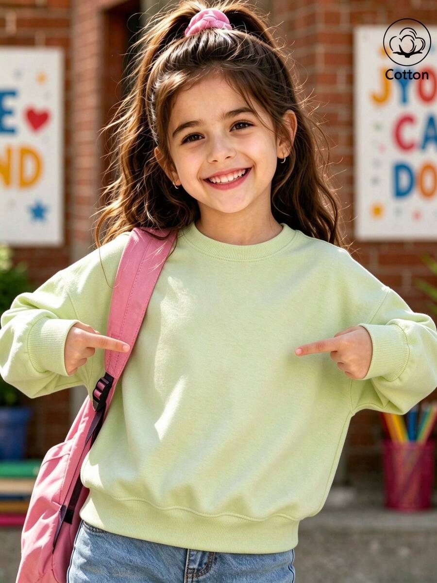 Cotton Girls' Crew Neck Sweatshirt, Loose Fit For Autumn And Winter, Cute Sweet Girl's Preppy Style - Pinkish Green - View 1