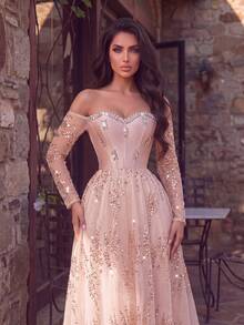 Elegant Off-Shoulder Sequin Satin Evening Gown With Ruched Details And Mermaid Tail Skirt, Suitable For Evening Parties, Weddings, Balls And Anniversary Celebrations - Pink - View 9