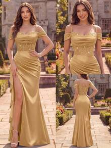 MIUSOL Sequin Floral Lace Off-Shoulder Ruffle Trim Slit Thigh Satin Evening Gown, Elegant Women's Formal Dress Party Summer - Gold - View 6