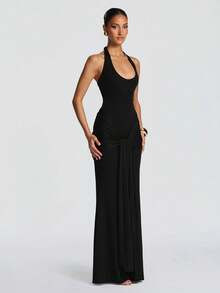 優雅性感掛脖修身抓皺派對禮服，女士舞會長裙，高彈力面料打造性感修身造型，黑色婚禮秋季款 - 黑色 - 查看 3