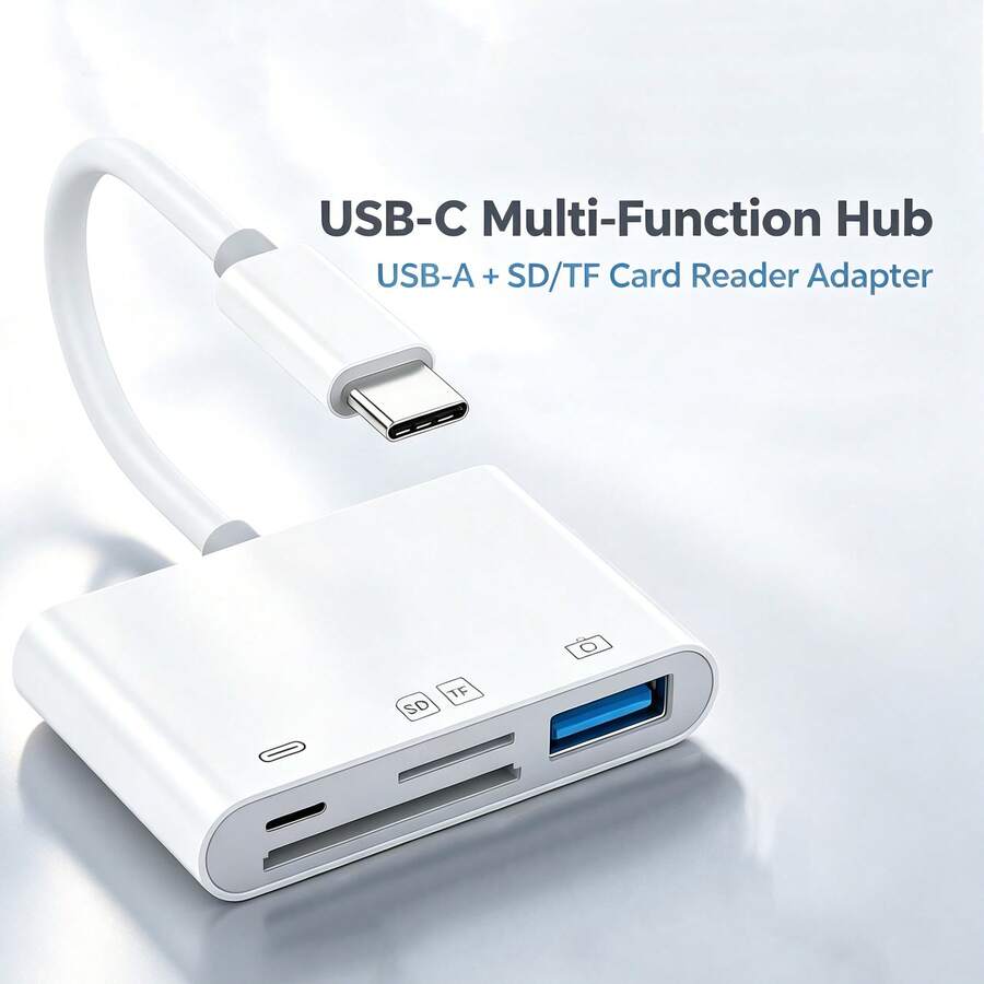 Plug And Play 4-In-1 Card Reader SD/TF Memory Card Reader Adapter Converter Compatible With Phone 18/17 Pro Max/17 Pro/17/Air/16/15/ Series Devices Portable Adapter - White - View 1