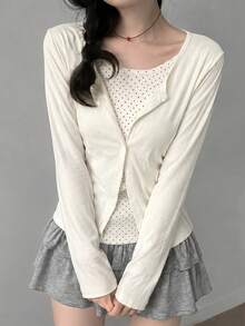 女士极简主义二合一波点叠层圆领长袖针织开衫 - 杏色 - 查看 4