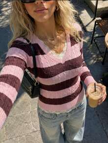 Women's Autumn New Colorblock Striped V-Neck Chunky Knit Sweater, Casual College Commute Travel, Vintage Sweet & Spicy V-Neck Slim Fit, Suitable For Daily Commute, School And Streetwear, Cable Knit - Pink and Wine Red - View 2