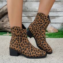 Women's Minimalist Back Zipper Ankle Boots, Classic Leopard Print Western Cowboy Boots, Skin-Friendly Suede Material, Fashionable Retro Style, Versatile For Shopping And Parties - Yellow-brown - View 5