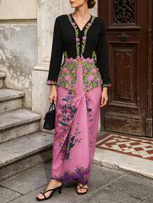 Women's Elegant Romantic Floral Embroidery Button-Up Cardigan, Long Sleeve Black Fall - Black - View 2