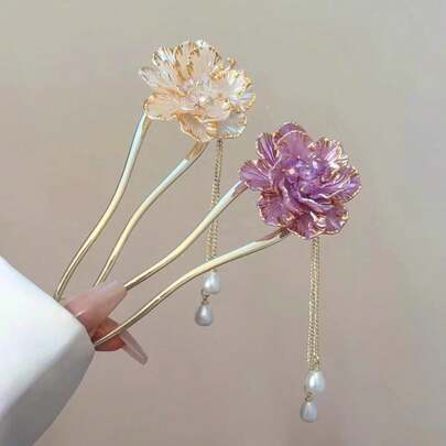 1/2pcs Women's Vintage Enamel Chinese Peony Hair Stick, New Chinese Style Ancient Elegant High-End Hair Accessory Hair Clip