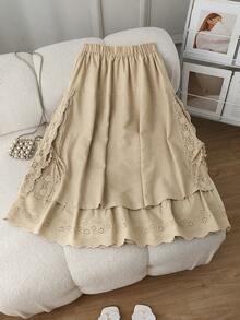 Women's Spring/Summer New Linen Fabric Embroidered Hem Long Dress, Casual Versatile Elastic Waist Lace Patchwork Skirt - Khaki - View 3