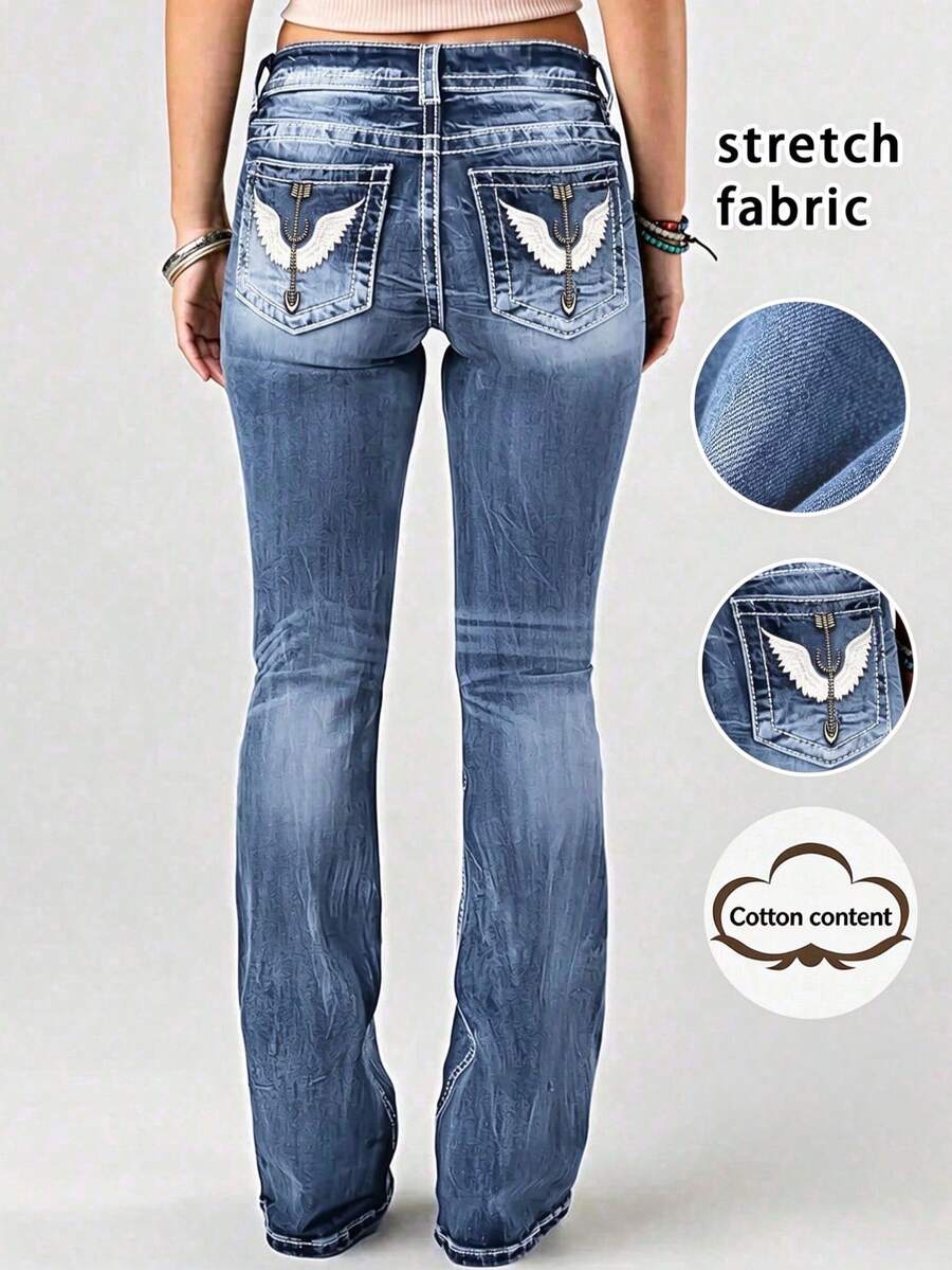Women's Vintage Washed Mid-Waist Flared Jeans, Back Pocket Wing Embroidery Design Slim Fit Bell Bottom Denim Pants, Western Cowboy Style
