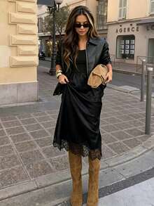 Elegant French Vintage Elastic Satin Silky Brown Casual Contrast Lace Skirt, Fashionable Versatile - Black - View 2