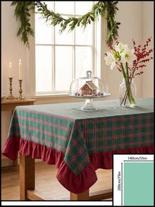 1pc Deep Green Background Red & White Striped Plaid Tablecloth, Vintage Holiday Style Fabric Material, Rectangular Red Ruffle Hem Decor, Beautify & Protect Tabletop, Suitable For Christmas, Winter Indoor Decor, Home Coffee Table - Green - View 17