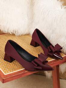 Bow Pointed Toe Hollow Heel Women's Shoes, Elegant Commute Date Versatile Comfortable Thick Heel Pumps - Burgundy - View 4