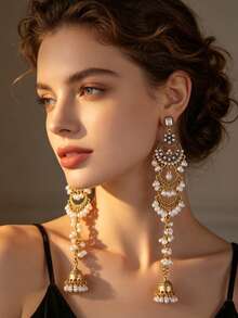 Bohemian Style Green Gemstone Faux Pearl Tassel Bell Long Earrings Fashionable Exaggerated Ear Jewelry For Women - Pearl Tassels - View 10