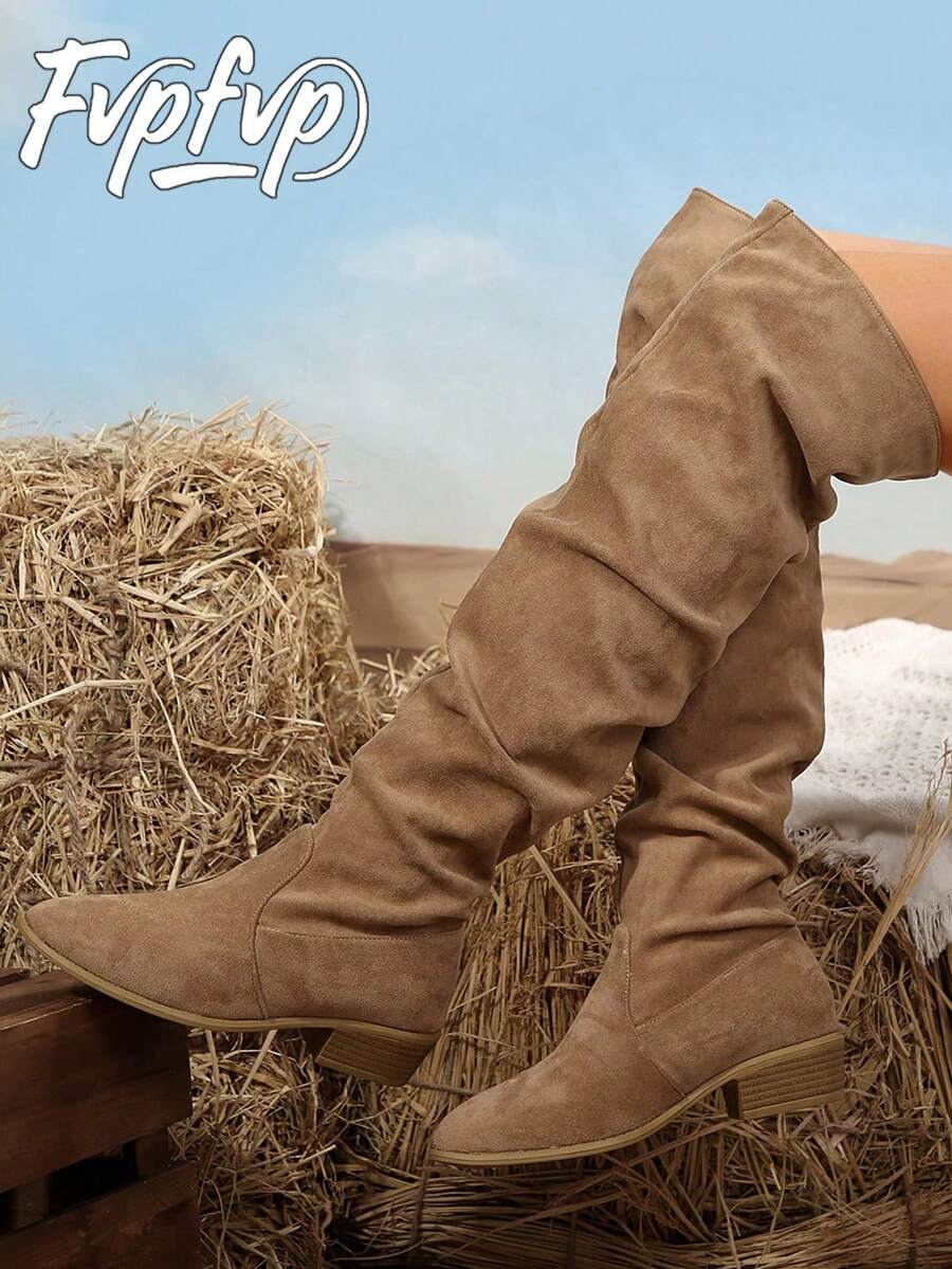 FVPFVP Over-The-Knee Thigh High Boots For Women 2024 Summer New Vintage Suede Brown Riding Cowboy Boots Sexy&Fashionable - Khaki - View 1