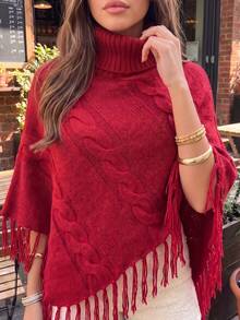 Women's Red Short High Neck Cable Knit Shawl, Tassel Decor, Asymmetrical Hem Short Sleeve Pullover Sweater, Street Fashion Essential - Red - View 5