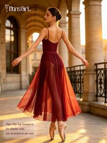 DonsGirl 1 st maxiklänning för kvinnor i balettstil, asymmetrisk volangdesign med hög slits, flödande danskjol, lämplig för solodans, modern dans, scenframträdande och karneval - Bourgogne - Visa 3