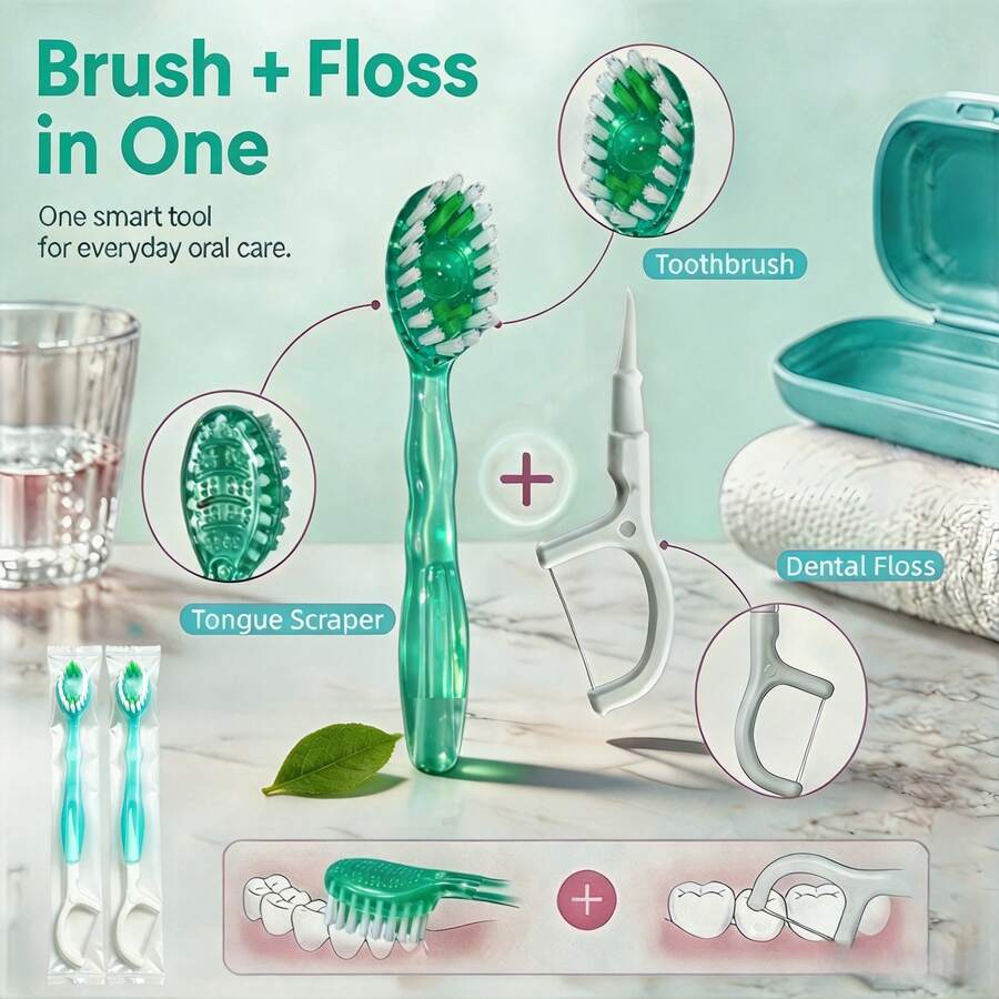 Portable Disposable Mini Travel Toothbrush, 5-In-1 Green Tea Flavor Burst Bead Mini Brush + Floss + Toothpick + Tongue Scraper, Pre-Pasted Toothbrush For Travel, Work And Daily Use, Compact Design