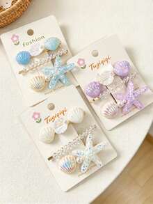 3pcs Women's Ocean Style Starfish & Shell Hair Clips, Glitter Iridescent Pearl Crystal Barrette, Vacation/Daily Wear Side Hair Accessory For Girls - Multicolor - View 2