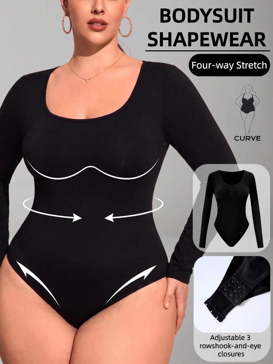 1 buah Jumpsuit Rajut Tanpa Jahitan Lengan Panjang Ukuran Plus Wanita, Pakaian Dalam Lapisan Dasar Pembentuk Tubuh Ringan, 0XL-4XL - Hitam - View 1