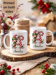 Customizable Ceramic Mug With Christmas Elf Initial, Personalized Text Ceramic Mug, Custom Christmas Gift And Holiday Hot Drink Cup, Christmas Party Decoration And Unique Souvenir, Cute Holiday Cartoon Christmas Mug - Multicolor - View 6