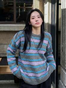 Sweater Pullover Bergaris Warna-warni Wanita Lengan Panjang Rajut Rib untuk Pakaian Sehari-hari Musim Gugur, Kain Lembut dan Elastis - Purple - View 1