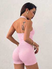 Women's 2pcs Solid Color Ruched Halter Neck Cropped Tank Top + High Waist Butt Lifting Shorts Fitness Yoga Set - Pink - View 8