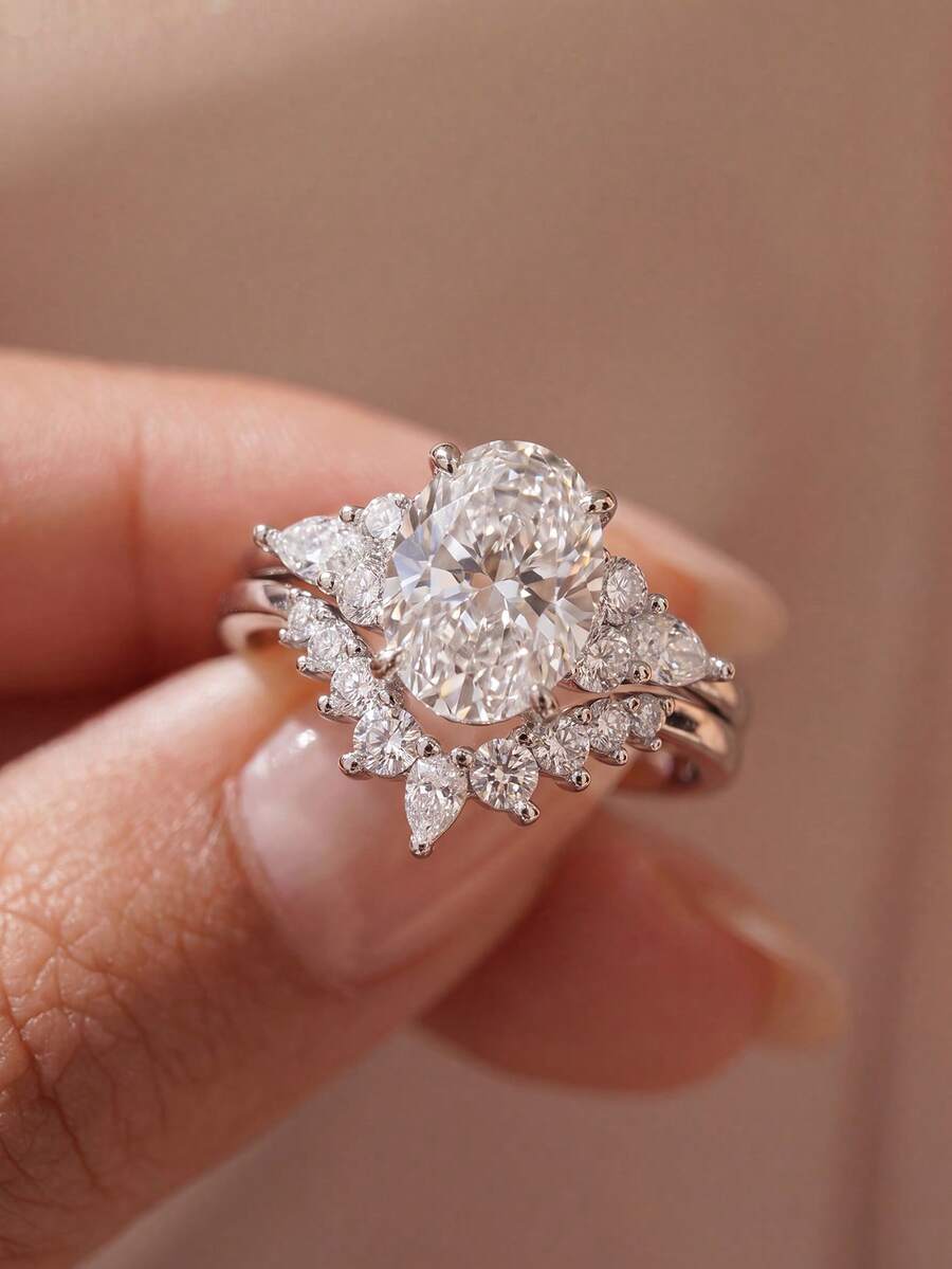 2pcs V-Shaped Oval Rings, Women's Jewelry, Shiny Luxury Promise Rings, Exquisite Jewelry, Suitable For Weddings, Parties And Other Occasions - V-shaped Oval Ring - View 1