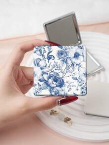 1PC British Country Style Portable Vanity Mirror, Foldable Lightweight Ultra-Thin Convenient Hand Mirror, PU Leather, Suitable For Multiple Scenarios And All People, Foldable Small Square Mirror, Pocket Mirror, Fresh Blue Floral Print Design, Exquisite Handheld 180° Flip Cover Multi-Function Mini Mirror, Compact Mirror, Mirrors, Daily, Holiday, Birthday, Valentine's Day, Mother's Day - Multicolor - View 9