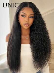 2-In-1 Straight To Curly InvisiBlend™ V-Shaped Hair Piece Wig, Natural Blending, Two Styles In One, Suitable For Beginners, Glue-Free Wear, Fits All Head Sizes, 100% Human Hair, Transparent Lace, Dyeable, Unice Wig - SNatural - View 1