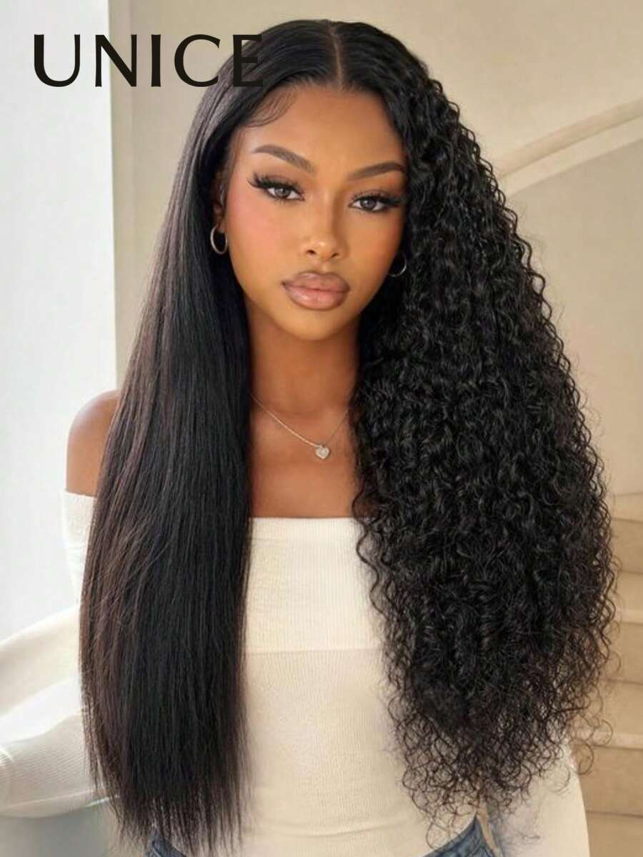 2-In-1 Straight To Curly InvisiBlend™ V-Shaped Hair Piece Wig, Natural Blending, Two Styles In One, Suitable For Beginners, Glue-Free Wear, Fits All Head Sizes, 100% Human Hair, Transparent Lace, Dyeable, Unice Wig - SNatural - View 1