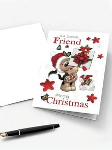 1pc Thickened Sweet Christmas Greeting Card For Close Friend, Toy Dog Holding Red Bow Gift With Snowman With Envelope - A - View 7