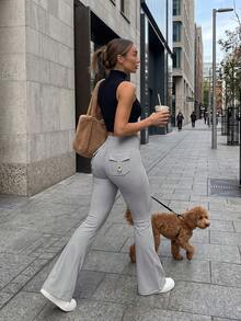 6pecil Women's Dark Gray Practical Flare Pants, V-Waist Hip-Lifting Flare Pants, Tummy Control Sports Pants With Gold Button Pockets - Flint Stone - View 9