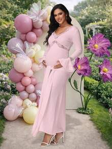JustVH Maternity Lace Patchwork Ruched Tie-Waist Fitted Maxi Dress, Party Gown For Baby Shower/Photo Shoot - Pink - View 5