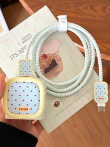 1PC Light Blue Red Polka Dot Cookie Style Charger Protector Set, Wavy Edge Charger Head Case + Matching Pattern Data Cable Connector Sleeve + Light Blue Spiral Protector Rope, Compatible With 40W 20W Charger Head, Retro Cute Girl Charging Accessories, Suitable As Birthday Gift, Holiday Gift For Friends, Family, Couples, Yourself - Baby Blue - View 1